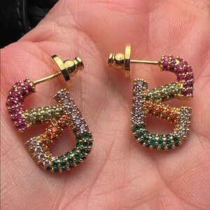 Gold Multicolor Pave Crystal 'G' Hoop Earrings - Women Jewelry